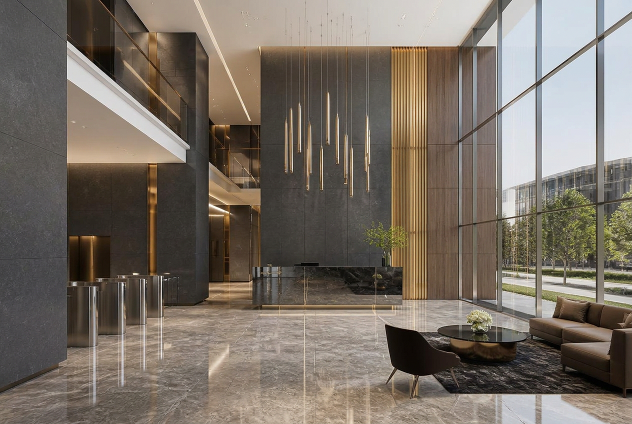Artist's impression of the double-height entrance lobby at Vihang Ventura Mira Road