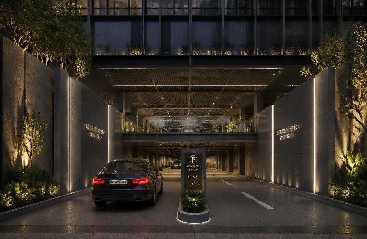 Artist's impression of the mechanised parking arrival level at Vihang Ventura