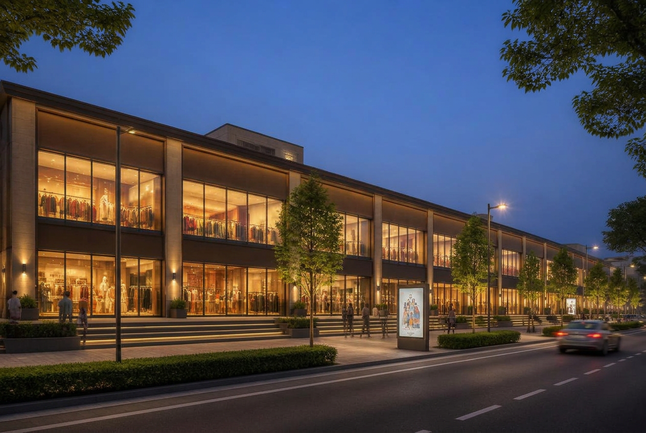 Artist's impression of road-facing retail spaces in Mira Road at Vihang Ventura