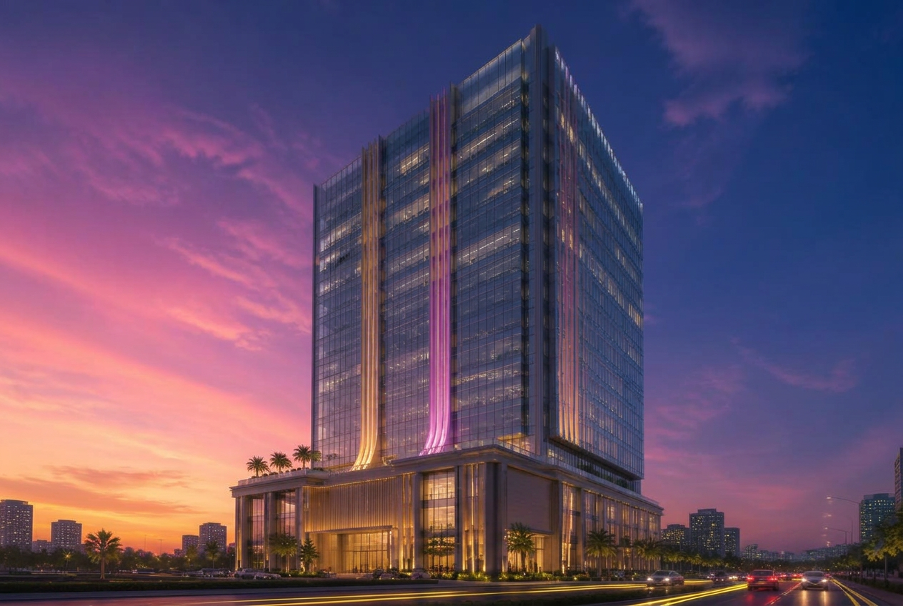 Artist's impression of the 21-storey Vihang Ventura commercial tower elevation at dusk